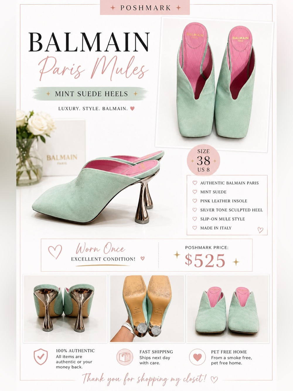 Balmain Mint Suede Mules with Pink Insole and Silver Sculpted Heel